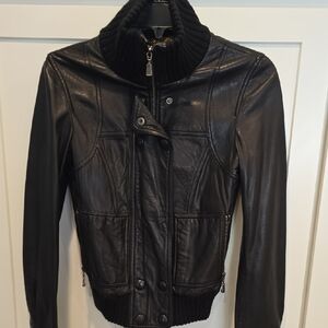 Ted Baker Black Leather Jacket with Ribbed Collar